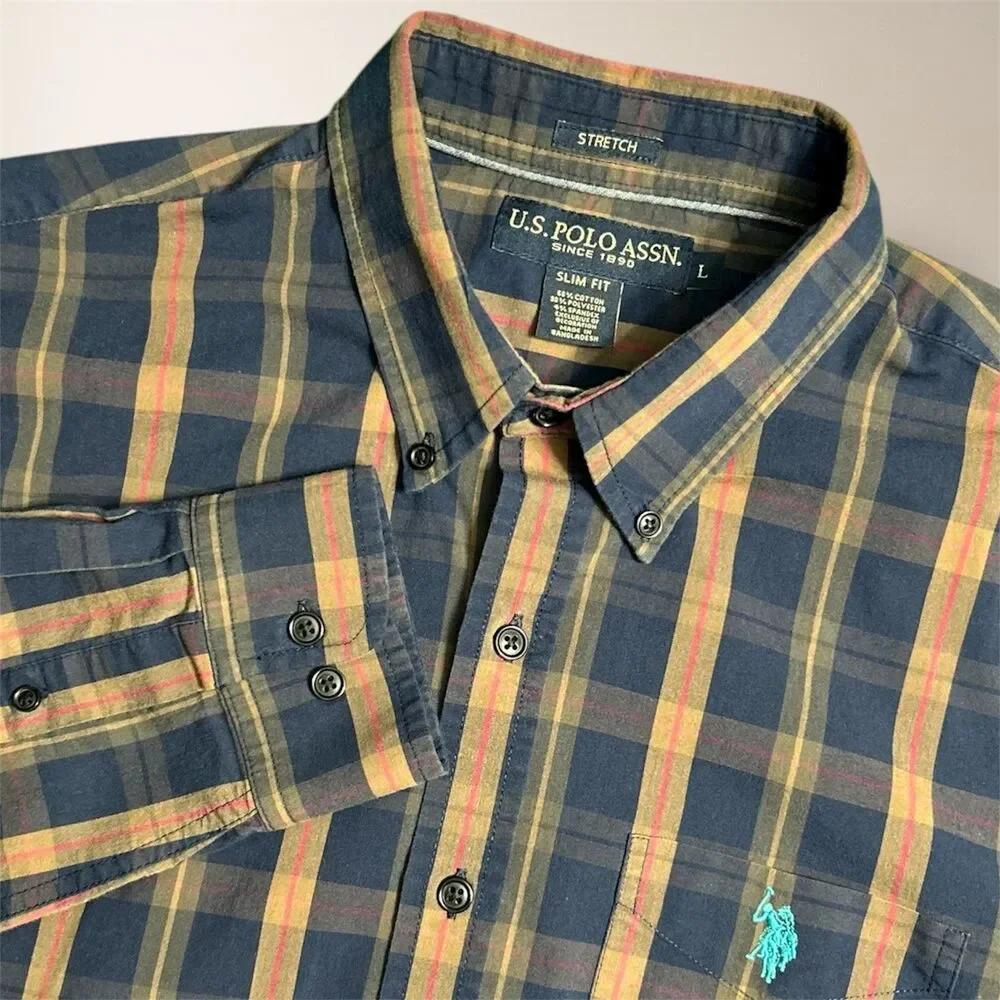U.S. Polo Assn.‎ Men’s L Navy Yellow Plaid Stretch Button-Up Shirt Casual Preppy